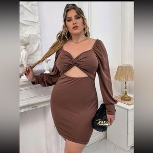 Plus Sweetheart Neck Twist Cut Out Lantern Sleeve Bodycon Dress